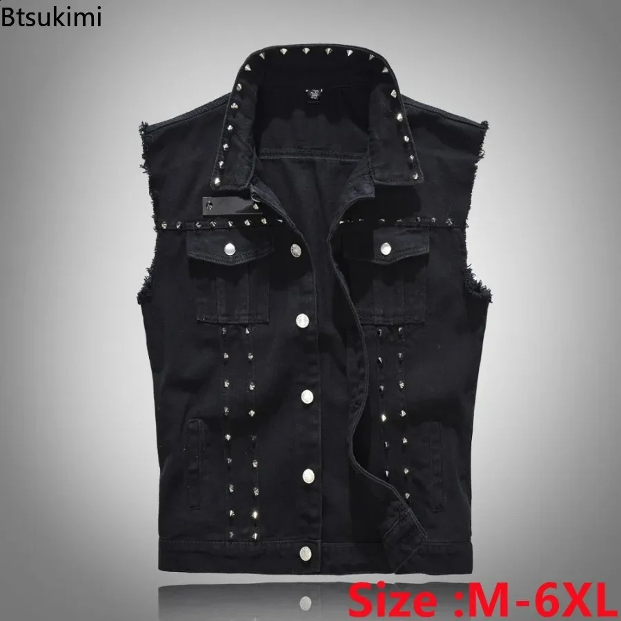 Plus Size 5XL 6XL Mens Denim Vest Punk Rock Rivet Cowboy Black Jeans Waistcoat Fashion Men Motorcycle Sleeveless Jeans Jacket 240826