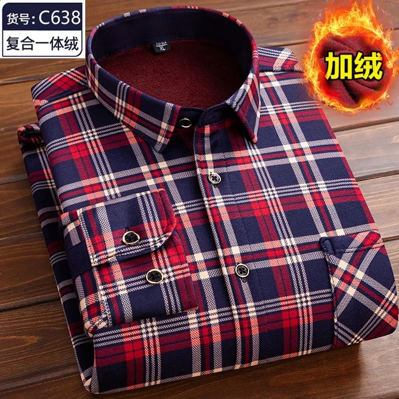 autumn and winter fashion trend mens long sleeved plain weave shirt with wool thickening and warmth high-quality plus size shirt 240827