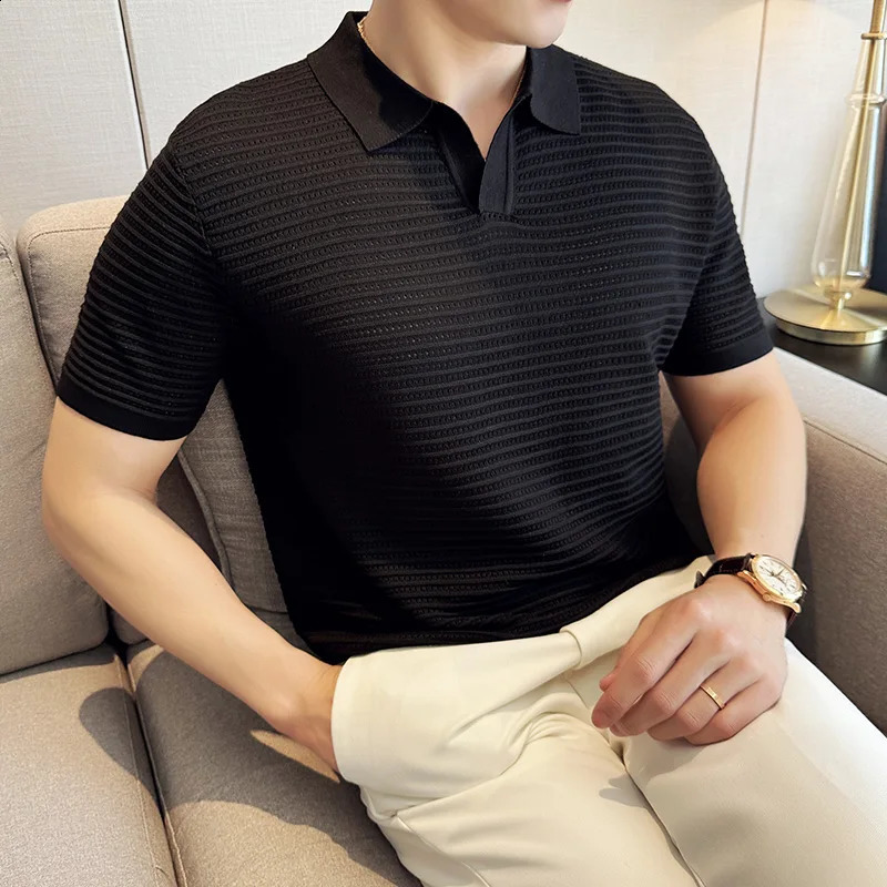 Mens Polo Shirt British Style Striped Jacquard Knitted Short Sleeve Summer Hollow Out V-neck Fashion High Quality Slim Tee Shirt 240827