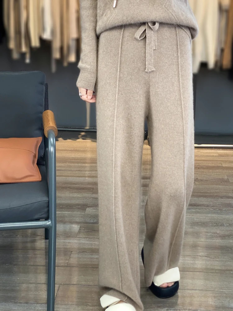 Women 100 Merino Wool Knitted Wide Leg Pants Autumn Winter Basic Soft Warm Cashmere Knit Trousers Casual Simple Style Korean 240903