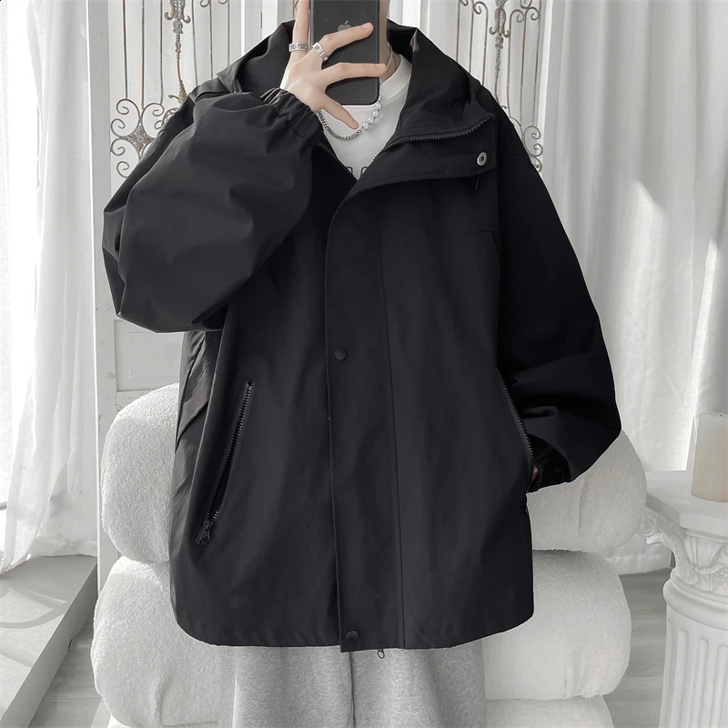 Hooded Jacket for Men Bomber Jacket Mens Windbreakers Zipper Coats Spring Autumn Loose Cargo Jacket Men Casual Sportswear 240828
