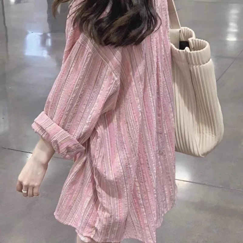 Arrival Spring Women Loose Turn-down Collar Long Sleeve Blouse Casual Single Breasted Korean Style Striped Shirts V914 240826