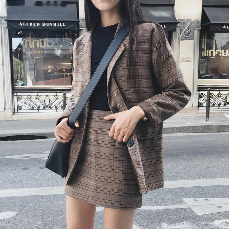 Retro Plaid Blazer Set Single-breasted Jacket Pencil Skirt 2 Pieces Skirt Suit Female Office Ladies Blazer Suit 240826