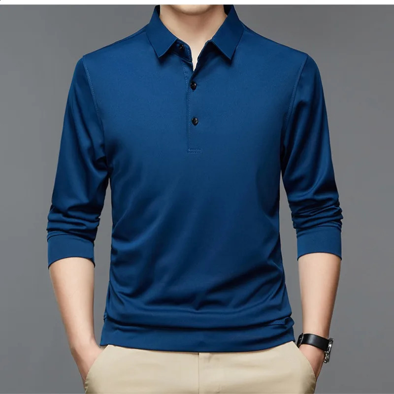 Spring and Autumn Mens Pullover Polo Button Solid Color POLO Bottom Shirt Long Sleeve T-shirt Fashion Casual Formal Tops 240826