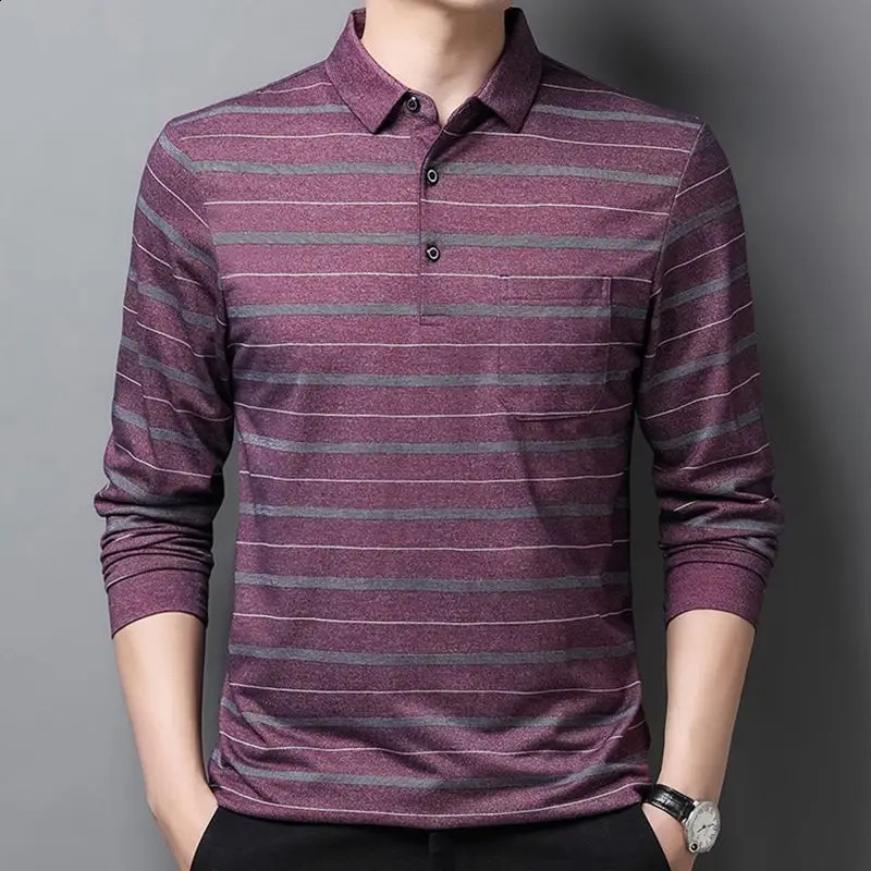Spring and Autumn Mens Fashion Casual Pocket Long Sleeve Tee T-shirt with Loose Striped Polo Pullover and Contrast Color Tops 240826