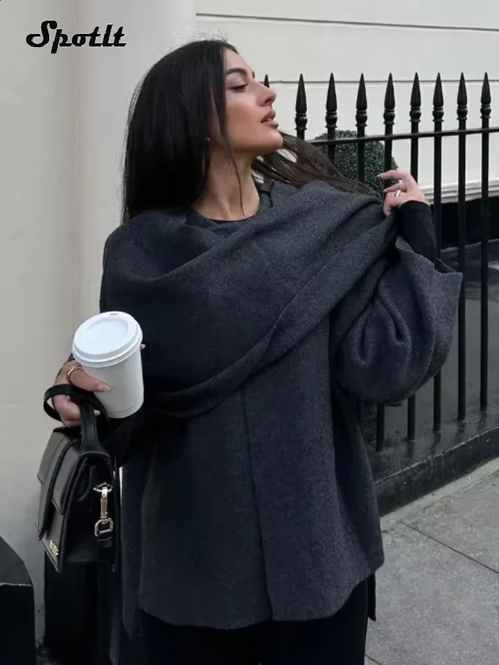 Womens fashionable side split warm jacket casual long sleeved scarf collar office wool coat fashion autumn womens commuting coat 240827