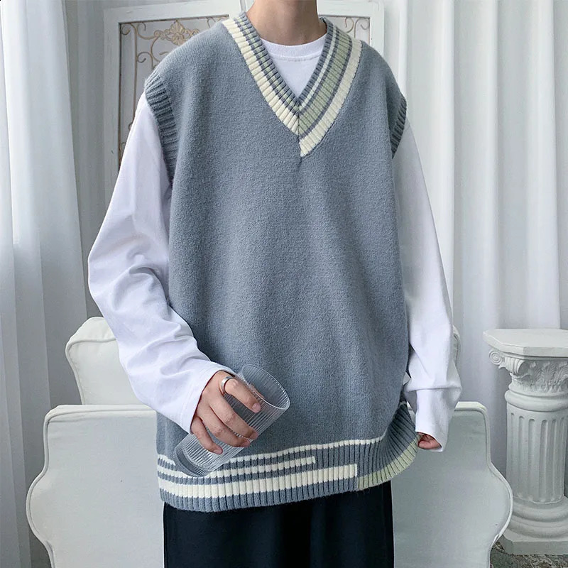 Mens Knit Sweater Vest Spring Sleeveless Loose Contrast V Neck Sweater Men Korean Fashion Harajuku Pullover Vest C03 240826