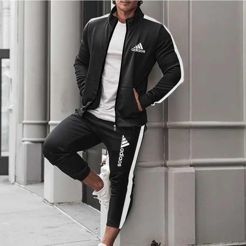 Men's Tracksuits European-style Autumn And Winter New Mens Set Printed Color Matching Striped Tracksuit Stand Collar Jacket And Pants Suit Q