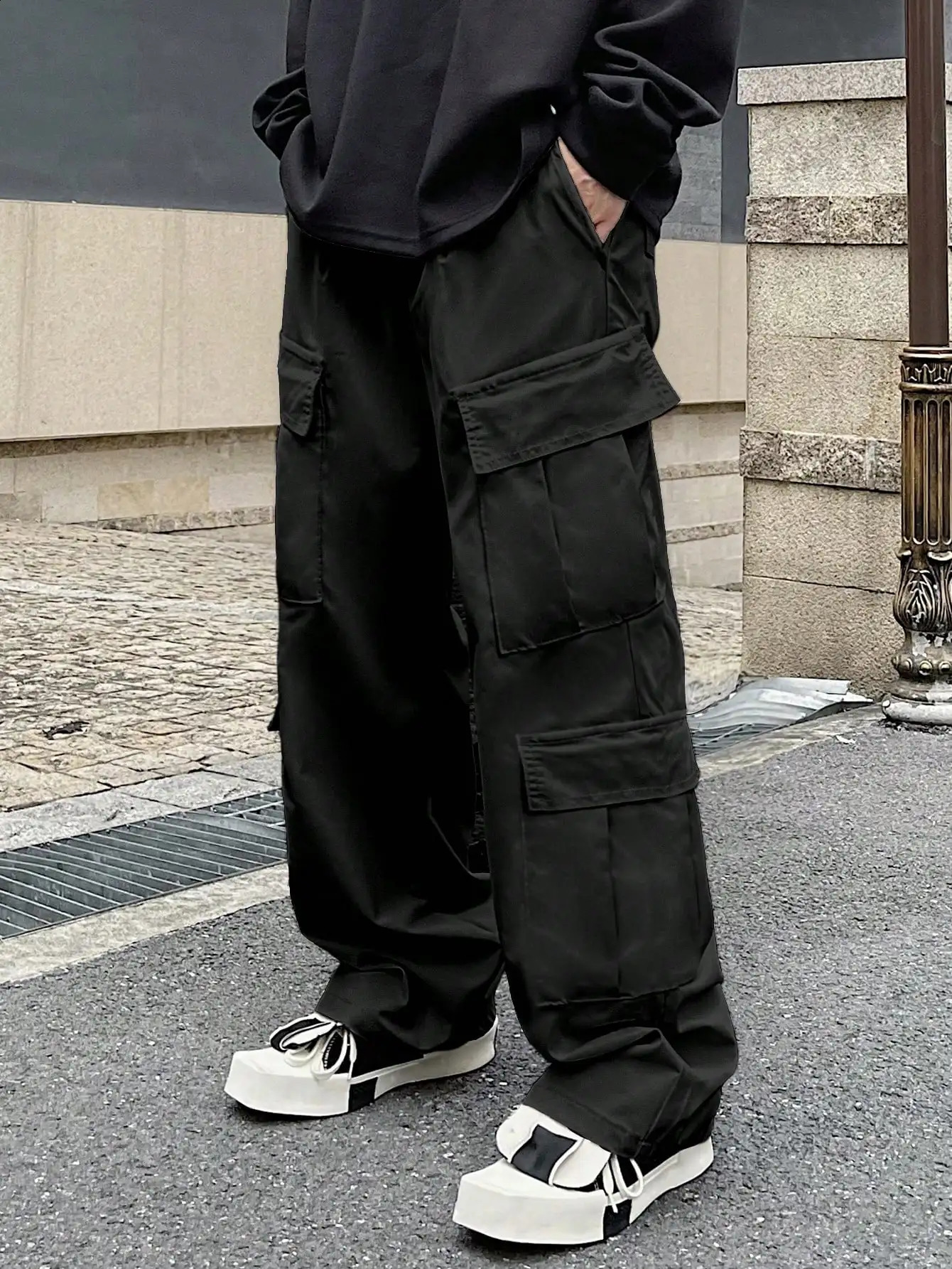 Solid Multi Flap Pockets Mens Straight Leg Cargo Pants Loose Casual Outdoor Pants Mens Work Pants Baggy Pants Trendy Streetw 240826