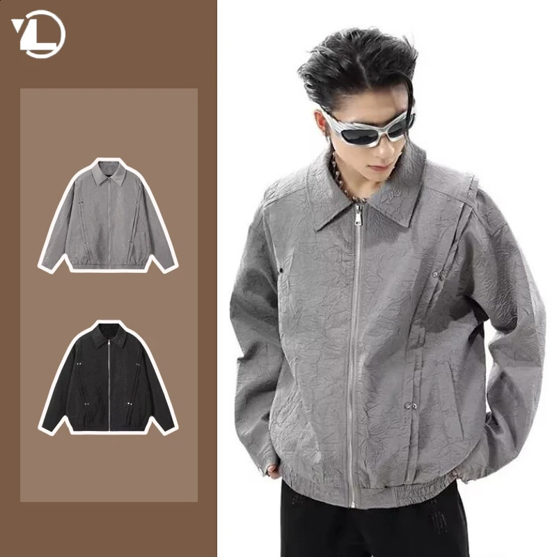 Punk Mens Pilot Jacket Spring American Vintage Rivet Wrinkle Lapel Loose Bomber Coats Zipper Baseball Uniform Tops Unisex 240826