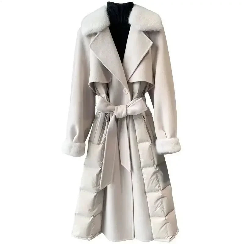 Womens cashmere wool coat fur collar wool trench jacket winter adjustable waist ultra-thin womens long fashionable womens coat 240827