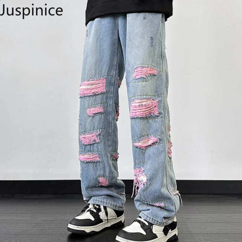 American retro pink ripped jeans mens hip-hop casual loose street cool straight pants mens Trouthers mens clothing 240827