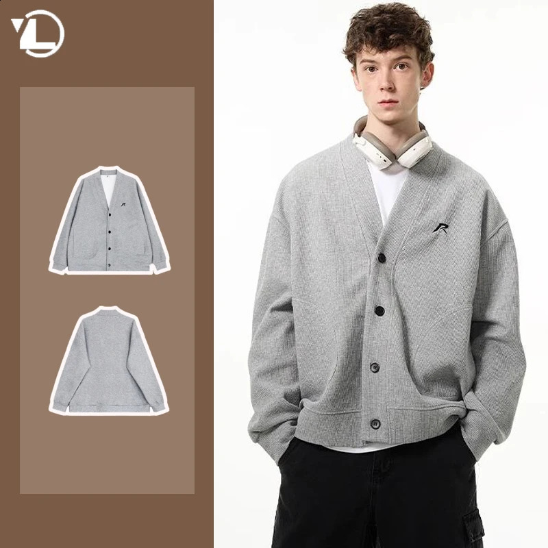 Américain col en V hommes Cardigan printemps brodé décontracté lâche Couple manteaux tricotés simple boutonnage solide pull vestes 240826