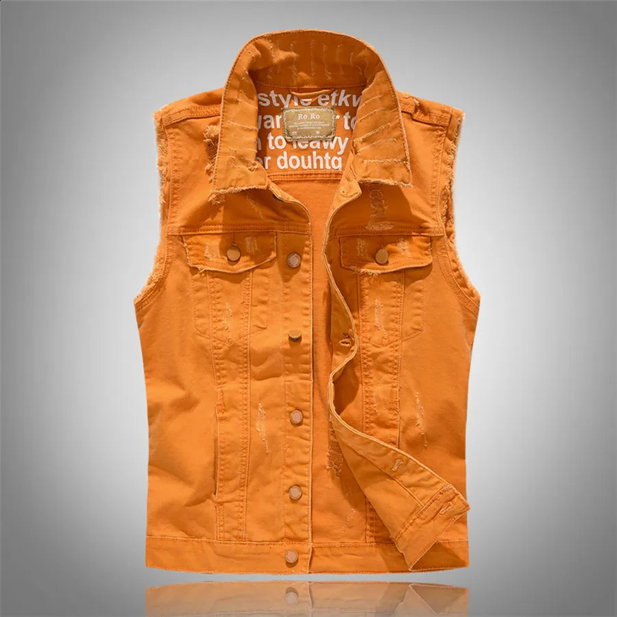 Veste sans manches Slim Fit Sleevel Veste Orange Ripped Denim Vest Hip Hop Waistcoat With Pockets Cowboy Jeans Coat Oversize 5xl 240826