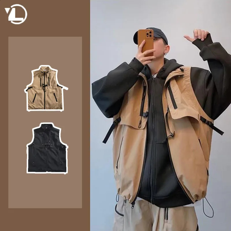 Multi Pocket Motorcycle Mens Vest Jacket Spring Retro Standing Collar Sleeveless Coats Zipper Outdoor Camping Tooling Tops 240826