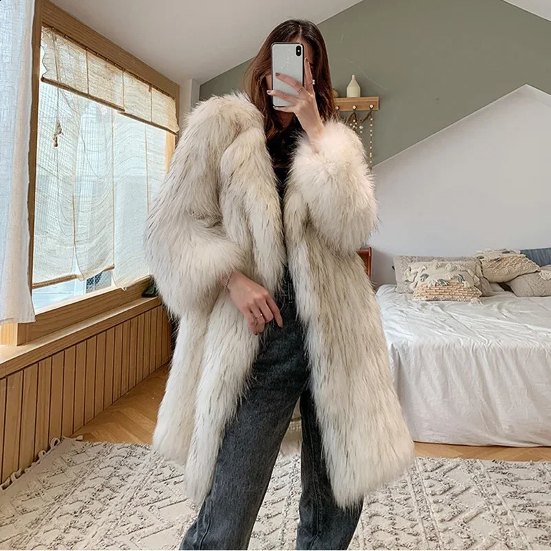 Womens Long Fox Fur Jacket Loose Fit Casual Clothing Coat Collar Made of Genuine Fur 240826