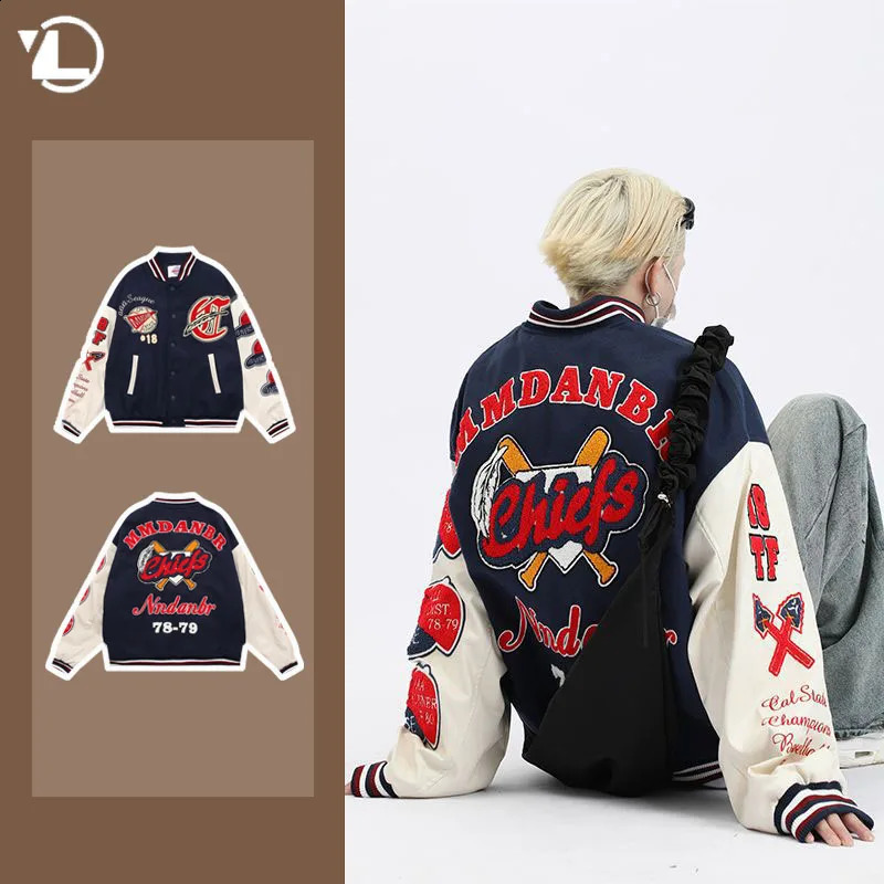 American High Street Men Jacket Letter Embroidered Flocked Buttons Coat Y2K Harajuku Trend College Couple Baseball Uniform 240826