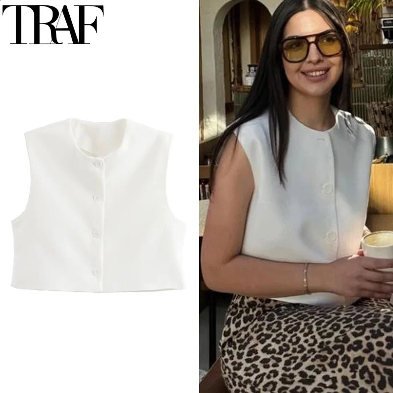 TRAF Cropped Womens Suit Vests Office Wear Red Black White Vest Woman Button Up Sleeveless For Women Basic Waistcoat 240826