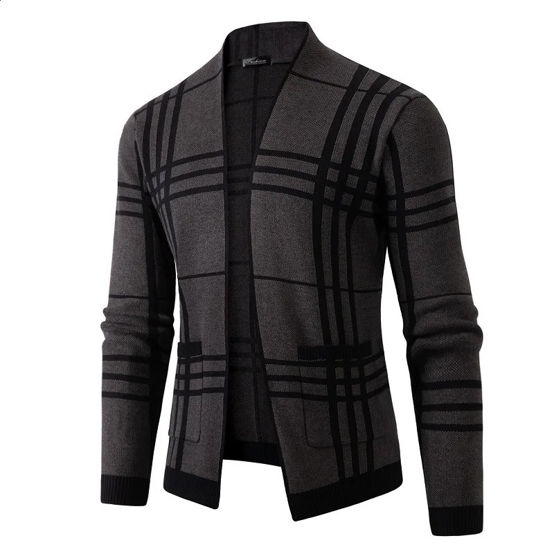 2024 autumn and winter European and American mens fashion plaid sweater slim fit casual British cardigan jacket 240827