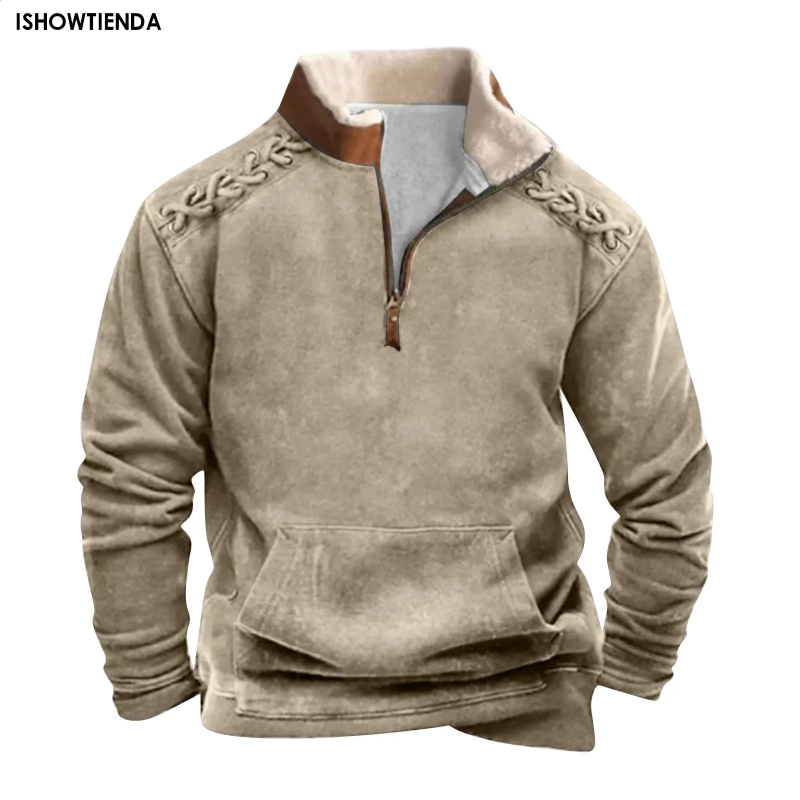 Fashionable Pullover Sweatshirt Retro Mens Patch Work Winter Sweatshirt Wool Collar Long Sleeve Comfortable Printed Sweatshirt 240827