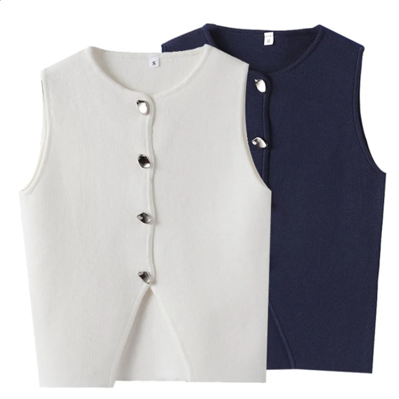 Fashion Solid Knitted Round Neck Vest For Women 2024 Elegant Single Breasted Sleeveless Waistcoat Street Lady Cropped Tops 240826