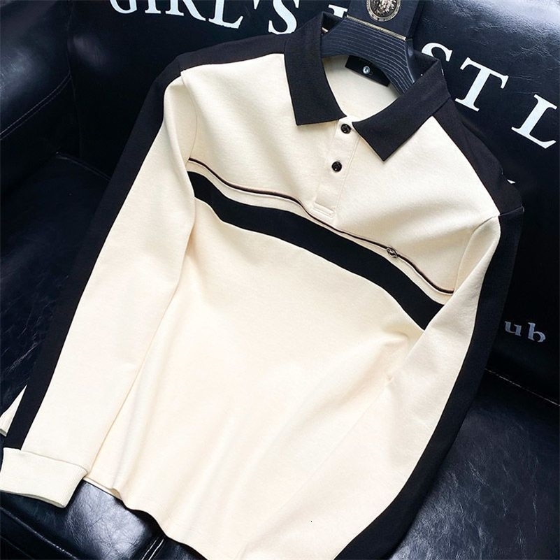 Korean Trendy Autumn and Winter Mens Versatile Patchwork Contrast Polo Shirt Button Fashion Slim Long Sleeve T-shirt Bottom Top 240826