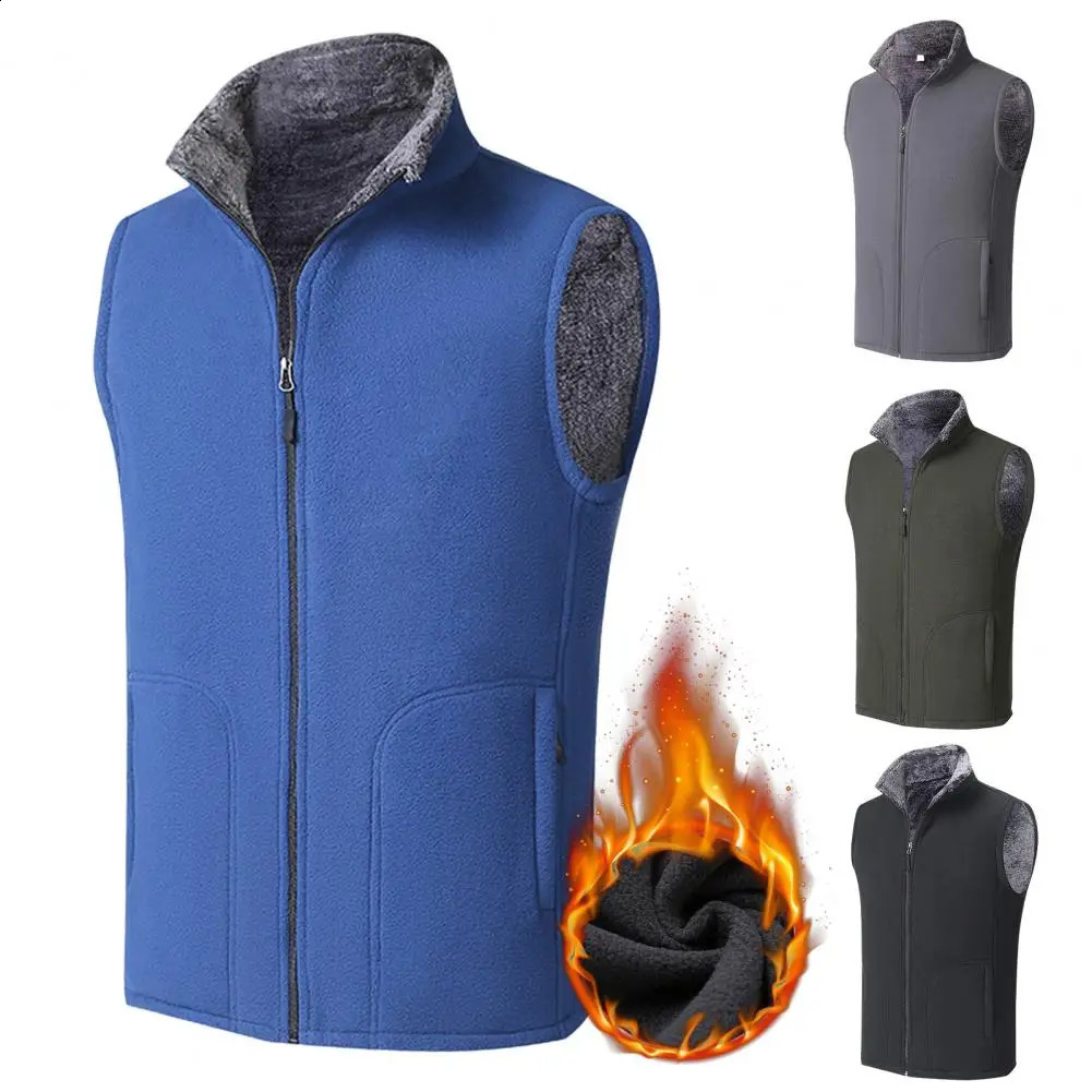 Autumn Mens Fleece Vest Jacket Winter Casual Waistcoat Male Vest Sleeveless Stand Collar Solid Color Fleece Thick Thermal Coat 240826