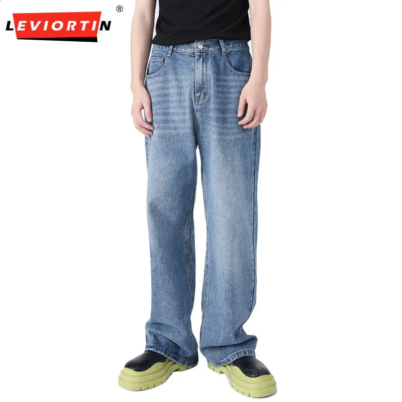 Retro mens jeans Korean loose elastic waist street wide leg loose jeans fashionable tear straight leg pants S-XL 240827