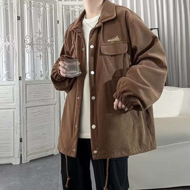 Veste de cargaison en velours côtelé d'automne pour hommes Y2K Veste à bouton brodé vintage décontracté ropa hombre chemisier manteaux 240826