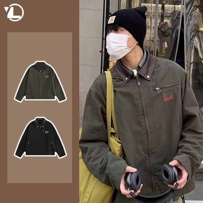 Retro Casual Mens Tooling Jacket Loose Leather Collar Patchwork Bomber Coats Pockets Zipper Washed Pilot Outwear 240826