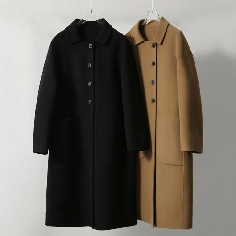 Medium length wool coat fashionable womens lapel coat with pockets autumn and winter solid color cardigan suitable for Ol commuting long sleeved shi