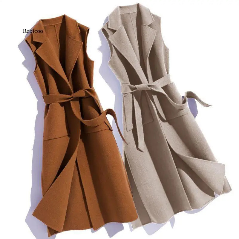 Autumn winter wool sleeveless vest jacket womens wool belt womens ultra-thin pocket clothes with belt 240827