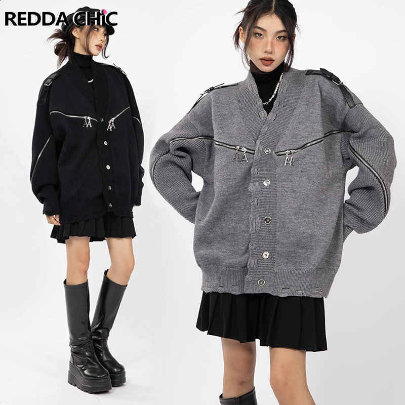 Reddachic Femmes Ripped Cardigan Fonction Fonction Zippe déconstruite Détruit veste pull d'automne Rétro rétro Y2K Outwear coréen 240826