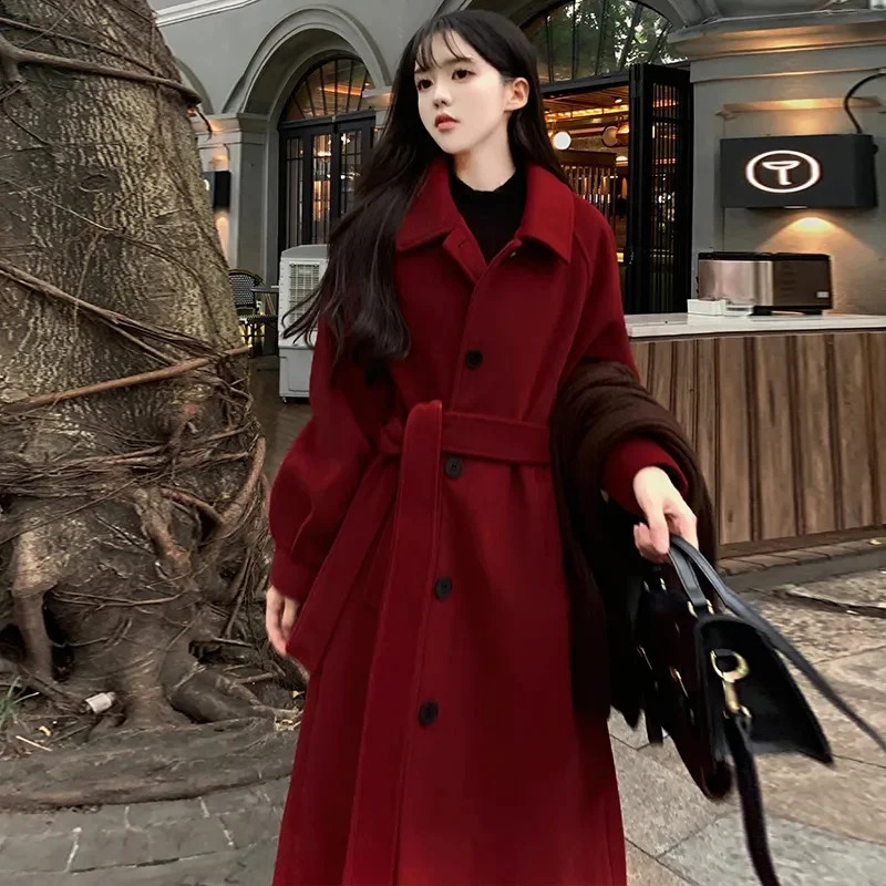 Womens autumn and winter loose wool coat womens casual medium long version retro single breasted wool coat 240827