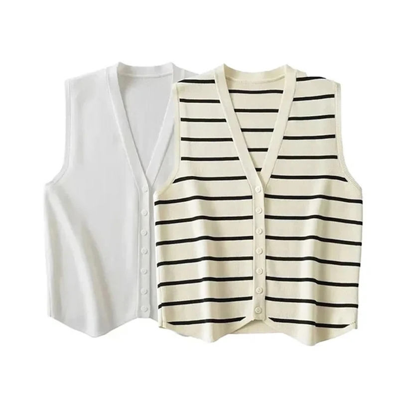TRAF Women Fashion Front Button Striped Knit Vest Sweater Vintage V Neck Sleeveless Female Waistcoat Chic Tops y240826