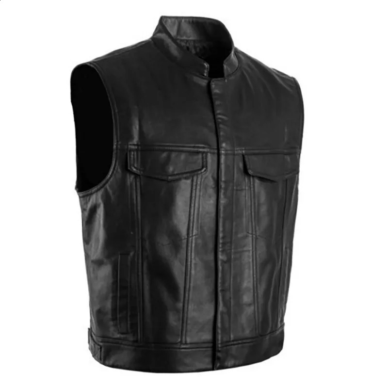 Mens Vest Skull Leather Jacket Solid Sleeveless Men Clothing 240826