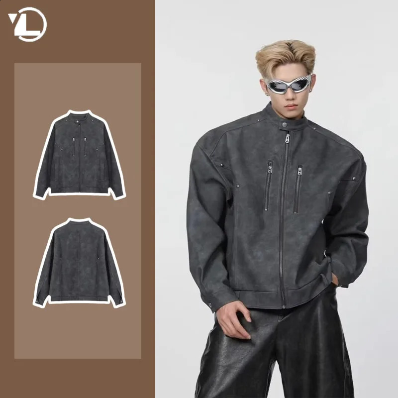 Street Punk Mens Leather Jackets Retro Motorcycle Stand Collar Coats Hip Hop Fashion Zipper Decoration Loose Outwear 240826