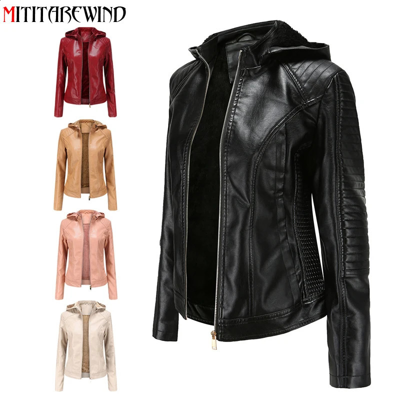 Winter PU leather jacket womens velvet warm motorcycle jacket hooded windproof jacket womens jacket size S-XXXL 240827