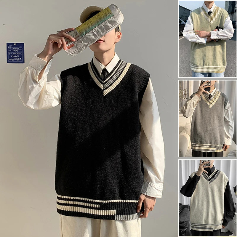 Oversized V-neck Sweater Vest Men Warm Fashion Casual Knitted Pullover Men Korean Loose Sleeveless Sweater Mens Clothes C05 240826