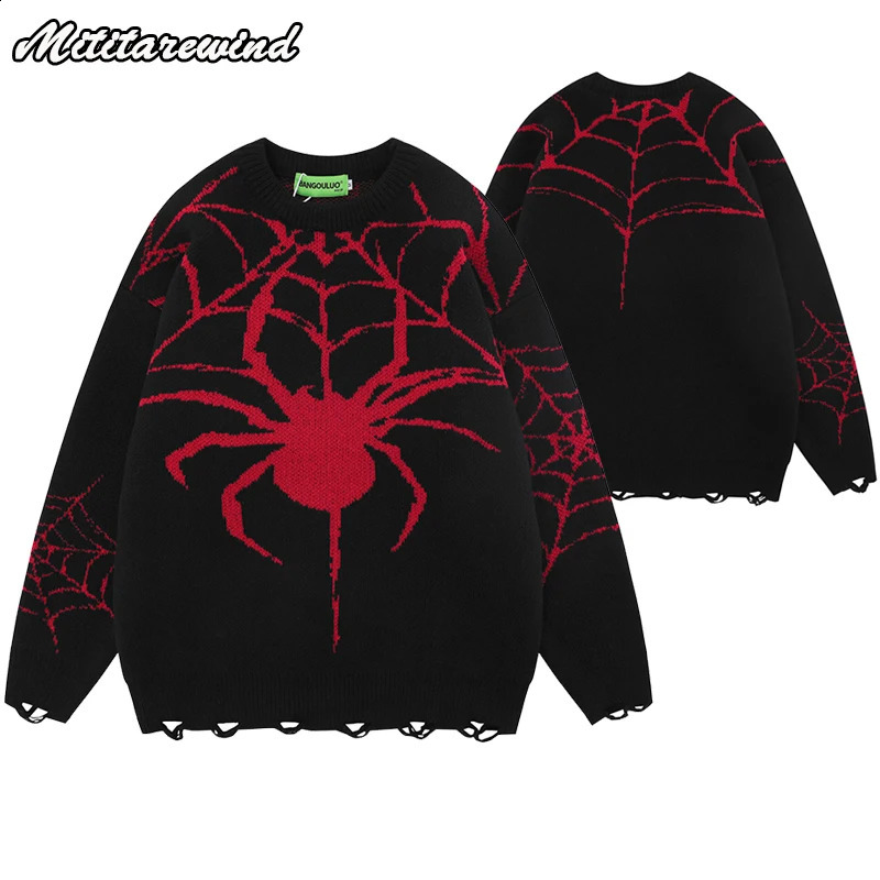 Hip Hop Y2k Mens Street Clothing Sweater Spider Web Hole Tear Sweater Fashion Harajuku Punk Gothic Loose Pullover Sweater 240827