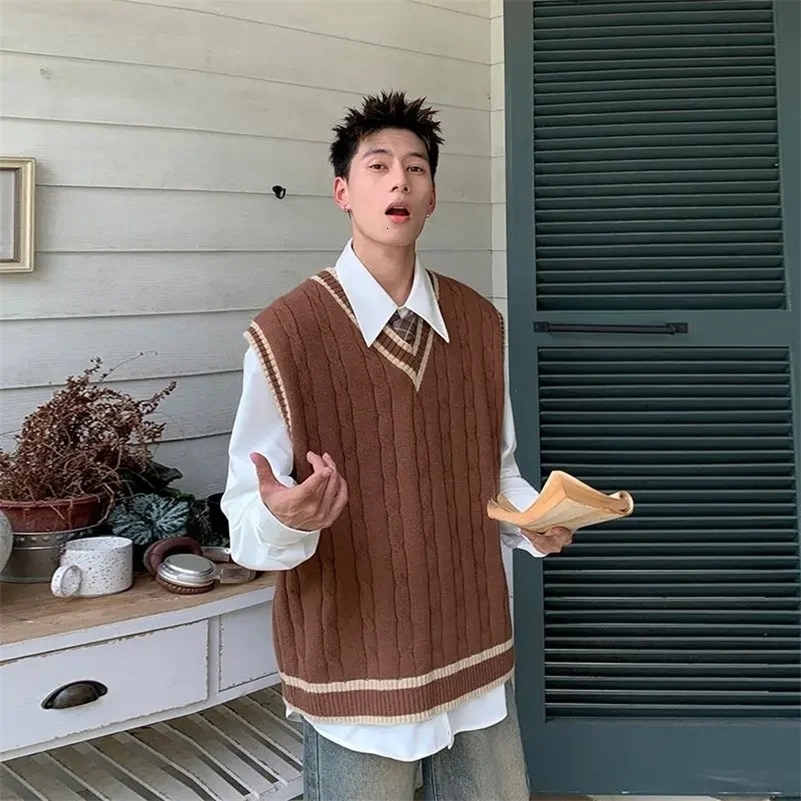 V Neck Knit Sweater Male Black Waistcoat Striped Brown Vest Mens Clothing Sleeveless Aesthetic Meme Old Korean Autumn Clothes A 240826