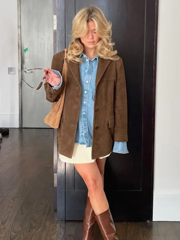 Womens Retro Brown Collar Button Set Jacket 2024 Autumn Winter Retro Pocket Versatile Oversized Coat Womens Casual Jacket 240827