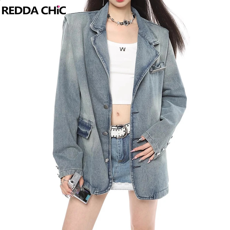 REDDACHiC 90s Retro Denim Blazer Jacket for Women Blue Distressed Padded Shoulder Demi-season Jacket Y2k Suit Korean Streetwear 240826