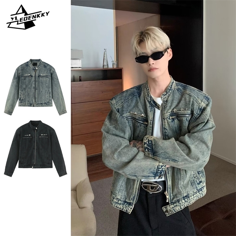 Mens Denim Jackets American-style High Street Zippers Coat Vintage Washed Distressed Cowboy Jacket Spring Casual Streetwear 240826