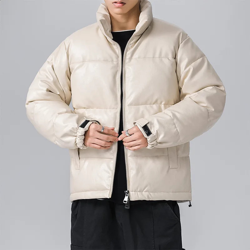 Hip Hop Leather Padded Jacket for Men Korean Warm Standing Round Neck Inflator Jacket PU Fashion Winter Thick Jacket Trend 240827