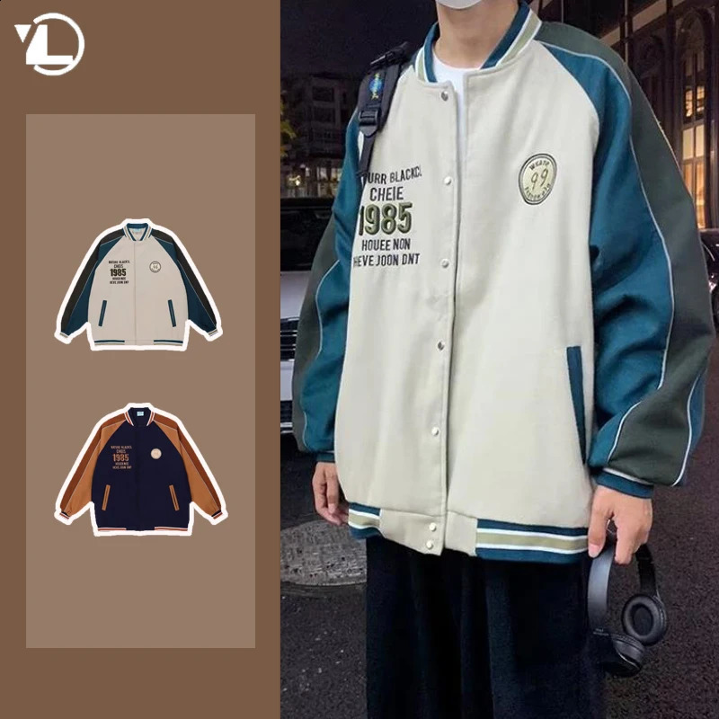 Harajuku College Mens Baseball Uniform Retro Color Block Trend Single Breasted Couple Bomber Jacket Letter Printing Loose Coats 240826