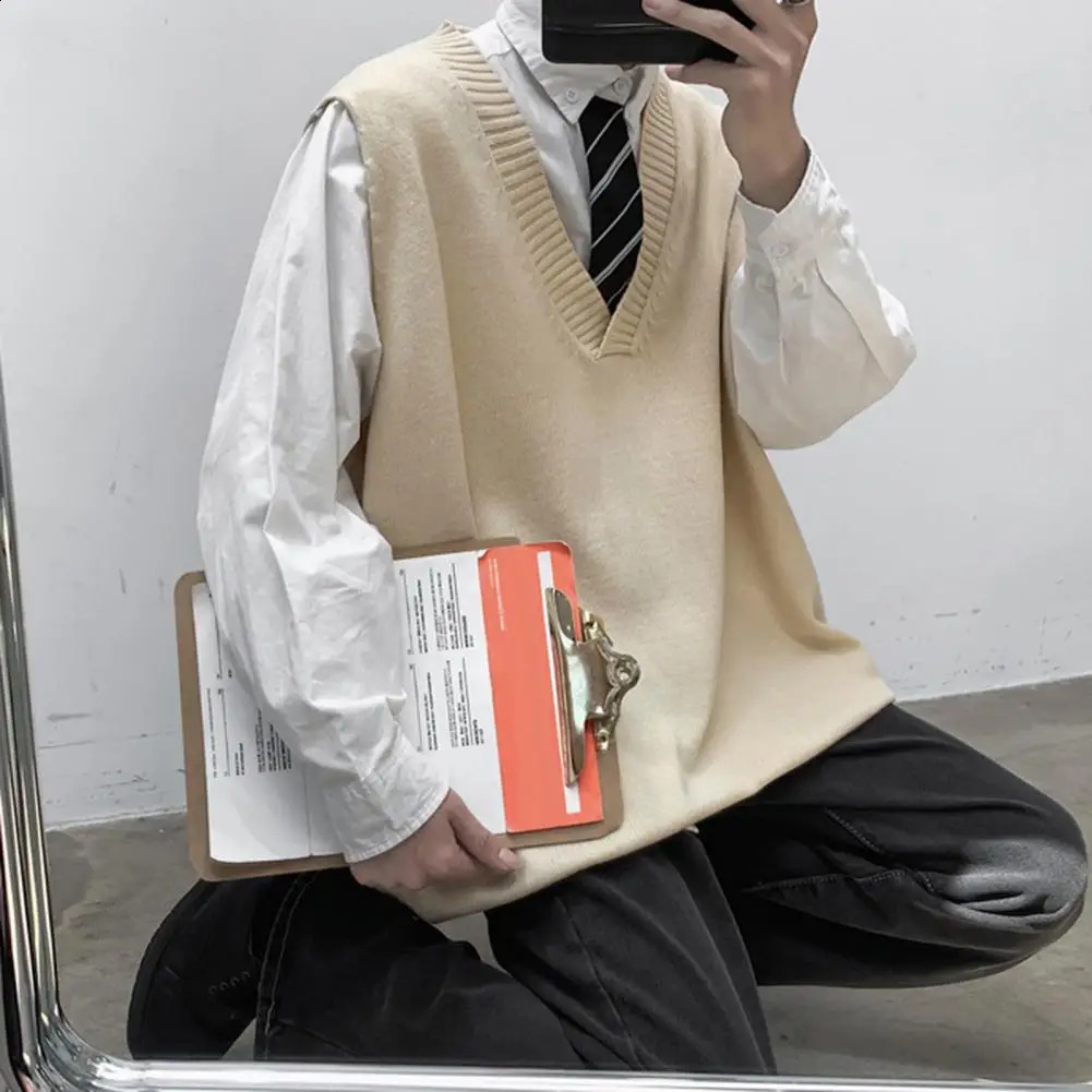 Chic Men Sweater Vest Loose Preppy Style Winter Sweater Vest Oversized Men Autumn Sweater 240826