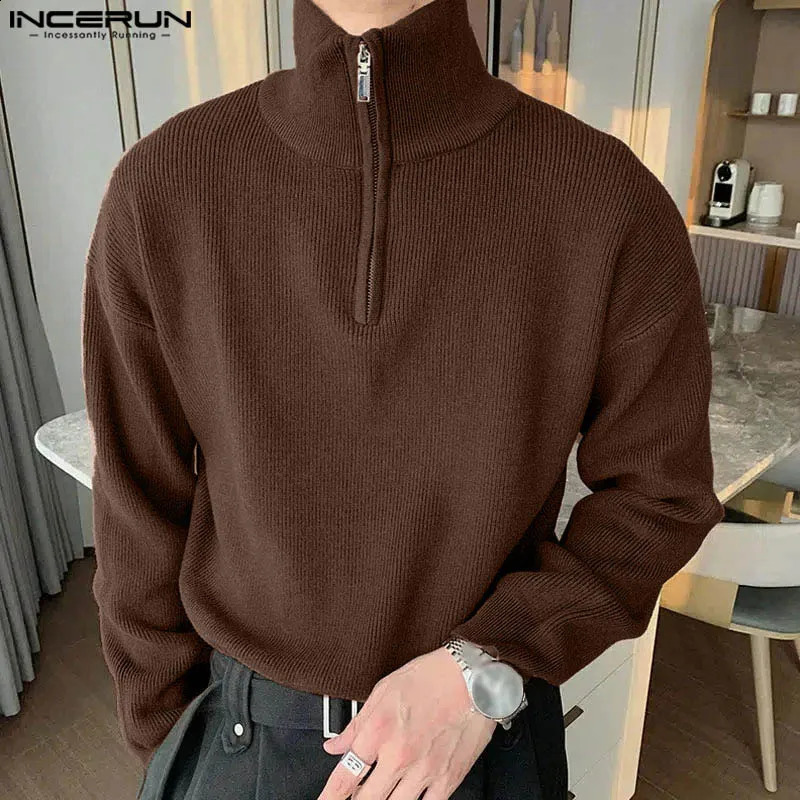 INCERUN Mens Pulleys Solid Color Collar Long Sleeve Zipper Knitted Casual Mens Sweater Street Clothing 2024 Fashion Mens Clothing 240827