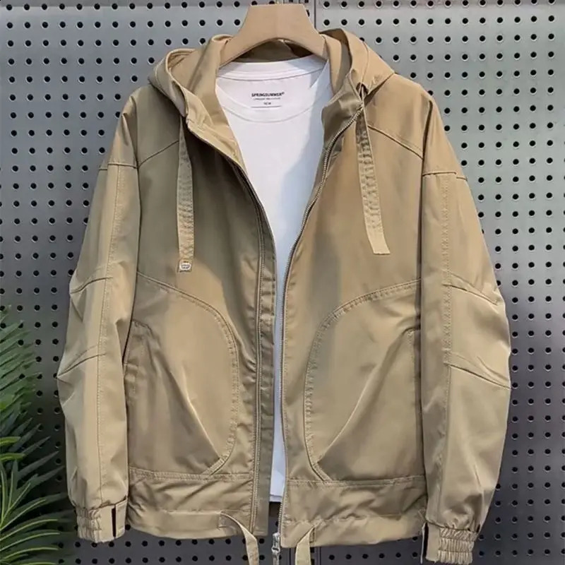 Mens Young Casual Hooded Drawstring Safari Style Jacket Spring Autumn Solid Color Long Sleeve Loose Pocket Zipper Coat 240826