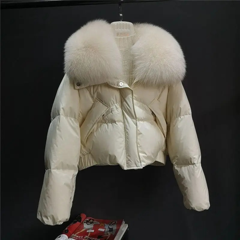 Winter womens down jacket with short thick fur collar and detachable top 240826